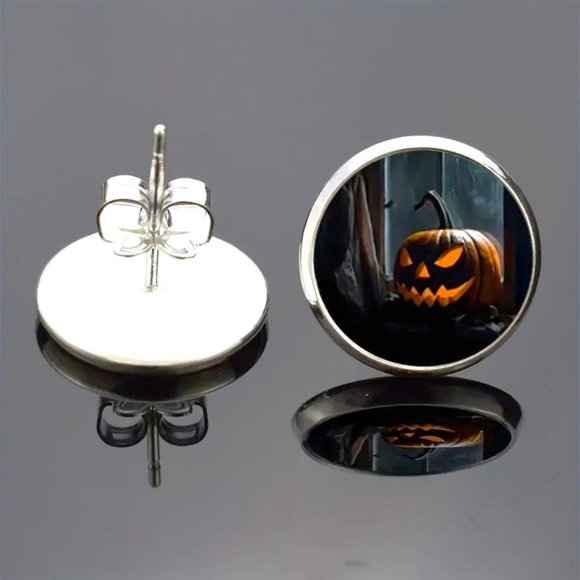 Earrings Spooky Jack O Lantern Pumpkin Surgical Steel Hallowwen Party Goth Emo - Picture 2 of 4